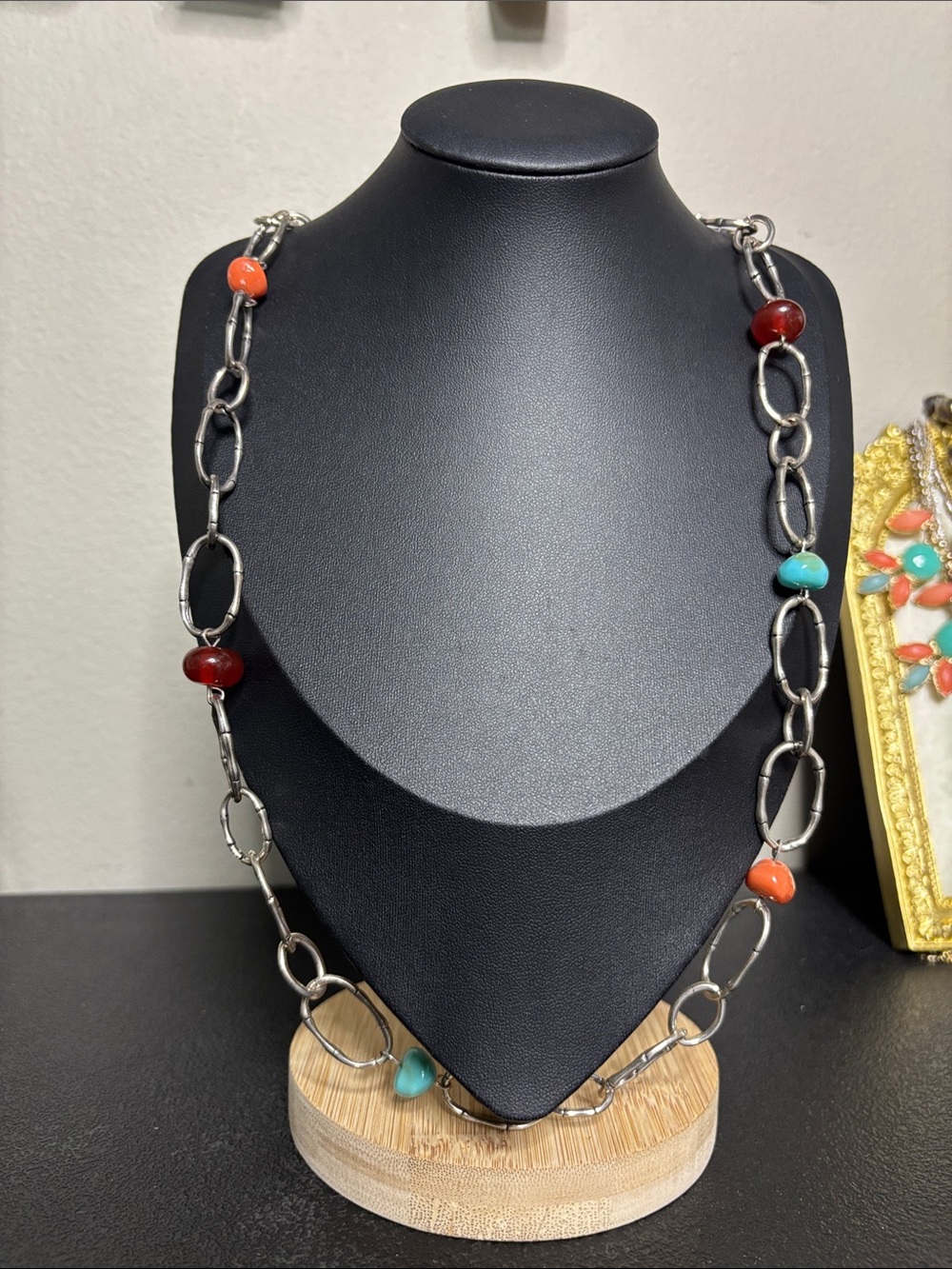 RMN Silver Tone Link Necklace Boho Western Red, Orange and Turquoise Beads